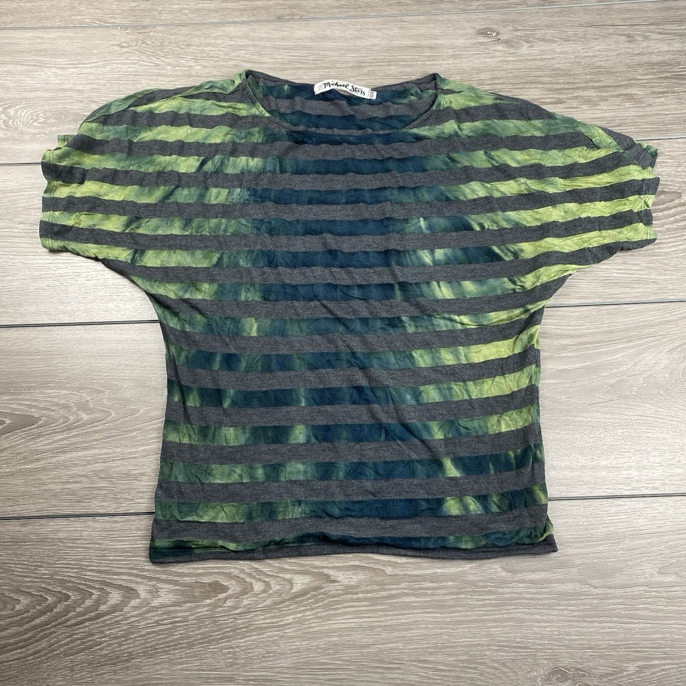 Michael Stars Women's The Original Tee Short Sleeves Green Gray Stripes One Size